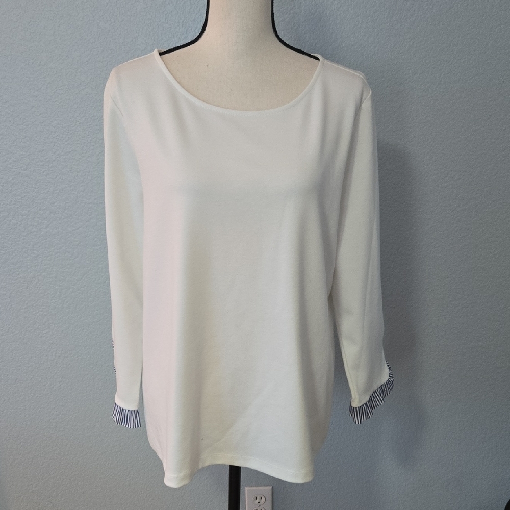 ANN TAYLOR White Long Sleeve Pullover W/Blue White Striped Trim At Cuffs Sz XL